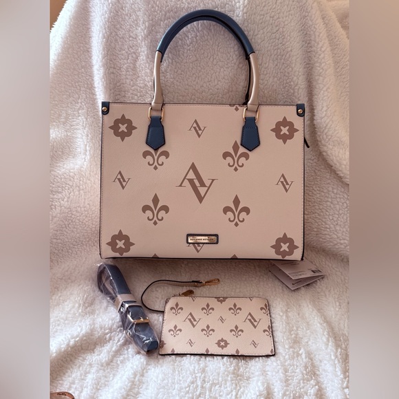Adrienne Vittadini Handbags - Adrienne Vittadini Beige and Blue Logo Tote with Wristlet